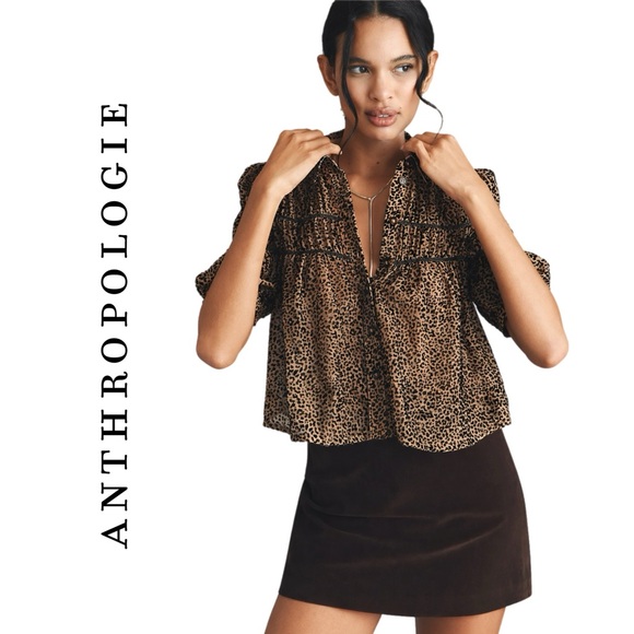 Anthropologie Leandra Velvet Shirred Yoke Blouse by Maeve in Leopard